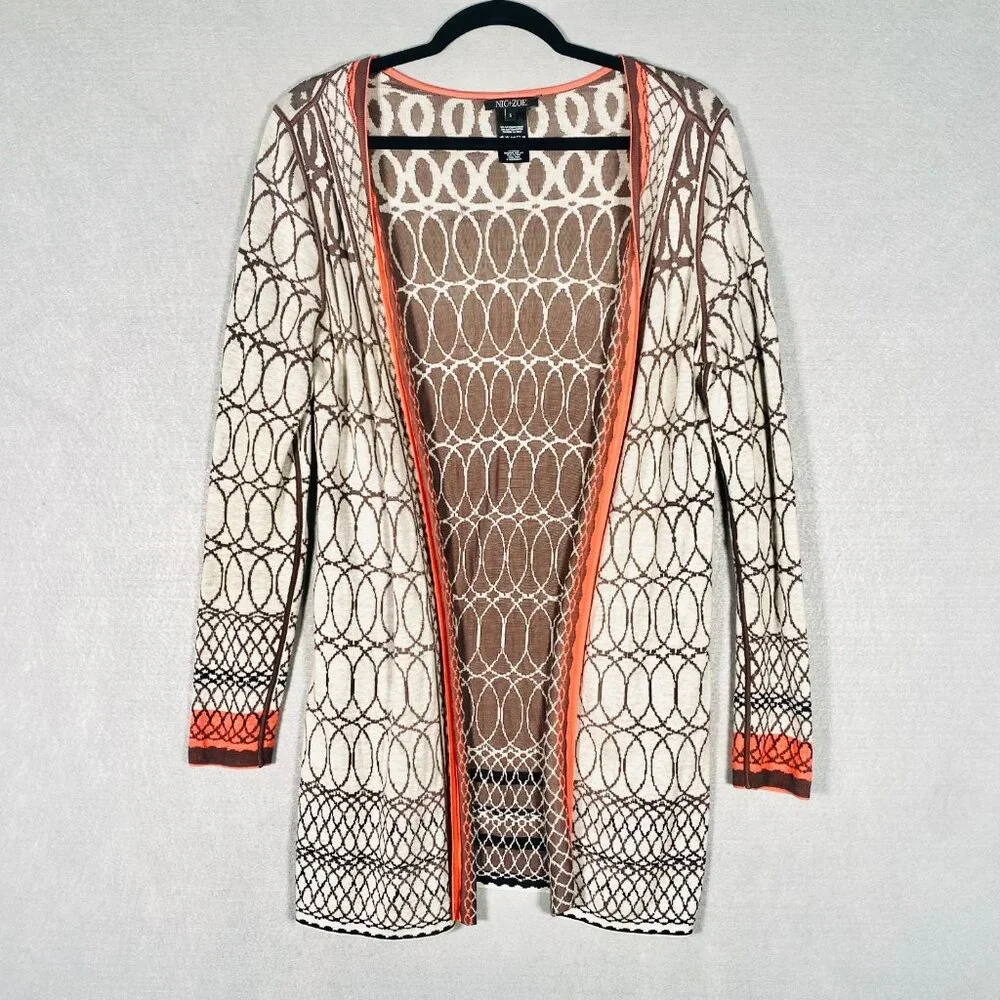 Nic Zoe Sweater Womens S Beige Orange Embroidered Open Cardigan Cottage